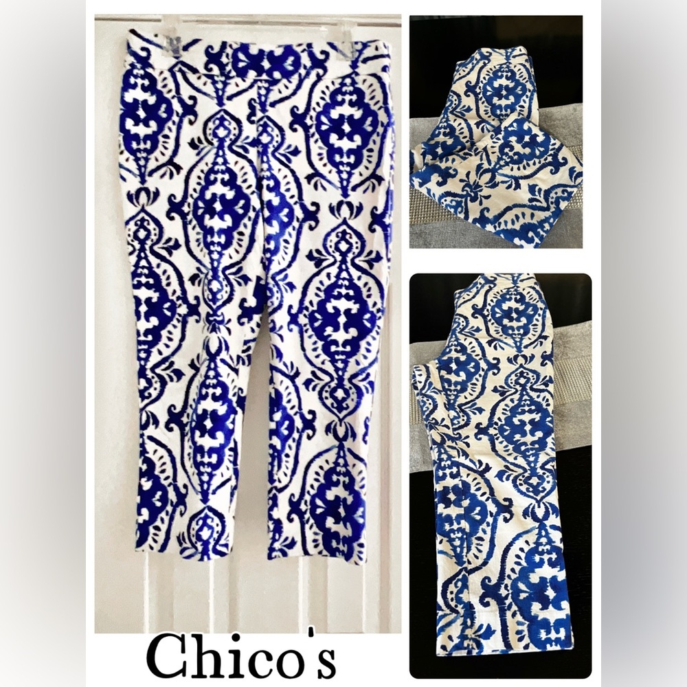 B15 Chico's Vibrant Blue and White Crop/Ankle Pants Size 1.5